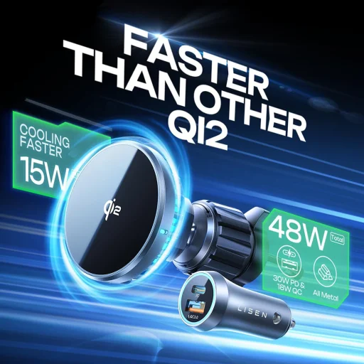 Autós tartó Lisen W701 (YL0224060042) - Szellőzőnyílásra, műszerfalra, hűtőventilátorral, Qi2, 15W - Fekete - 2