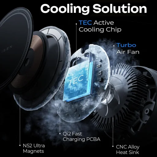 Autós tartó Lisen W701 (YL0224060042) - Szellőzőnyílásra, műszerfalra, hűtőventilátorral, Qi2, 15W - Fekete - 6