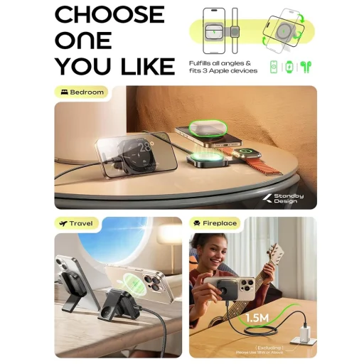 iPhone, Apple Watch, AirPods Lisen - Vezeték nélküli töltő 2in1 (YL0324100013) - MagSafe, 15W - Fekete - 3