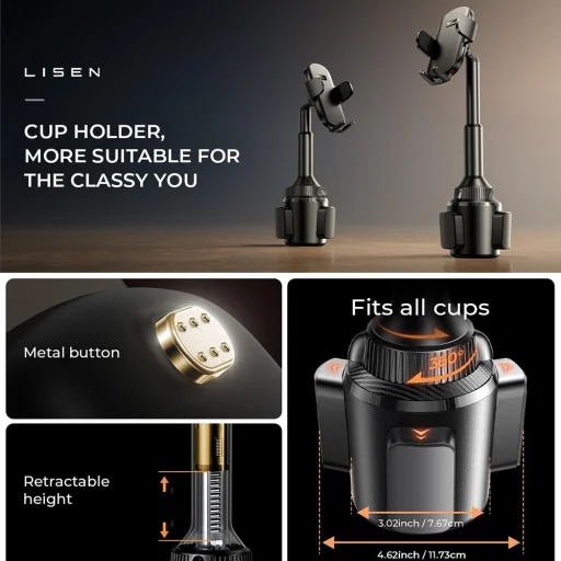 Lisen - Autós tartó (YL0220100001) - Pohártartóhoz, Univerzális, Több szögben állítható, Biztonságos illeszkedés, Rázkódásmentes - Fekete - 3