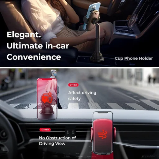 Lisen - Autós tartó (YL0220100001) - Pohártartóhoz, Univerzális, Több szögben állítható, Biztonságos illeszkedés, Rázkódásmentes - Fekete - 5