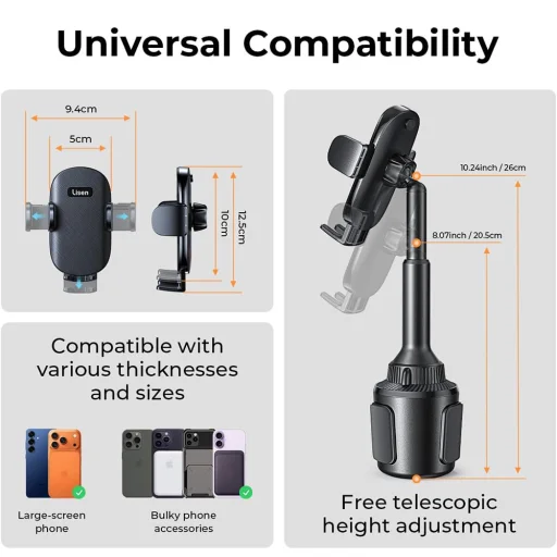 Lisen - Autós tartó (YL0220100001) - Pohártartóhoz, Univerzális, Több szögben állítható, Biztonságos illeszkedés, Rázkódásmentes - Fekete - 7