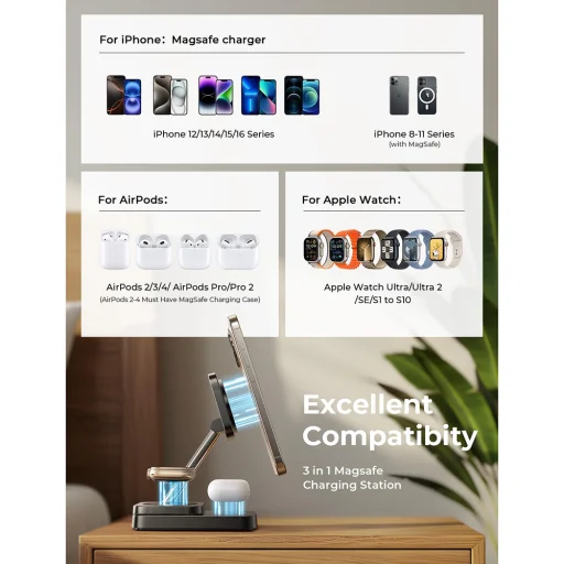 Telefon, AirPods és Apple Watch 15W Összecsukható Lisen - Charging Station 3in1 (YL0424010003) - Szürke - 7