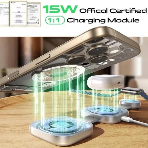 Lisen - Vezeték nélküli töltőállomás 3 az 1-ben (YL0424040001) - Összecsukható, telefonhoz, fülhallgatóhoz, órához, 15W - Szürke - 2