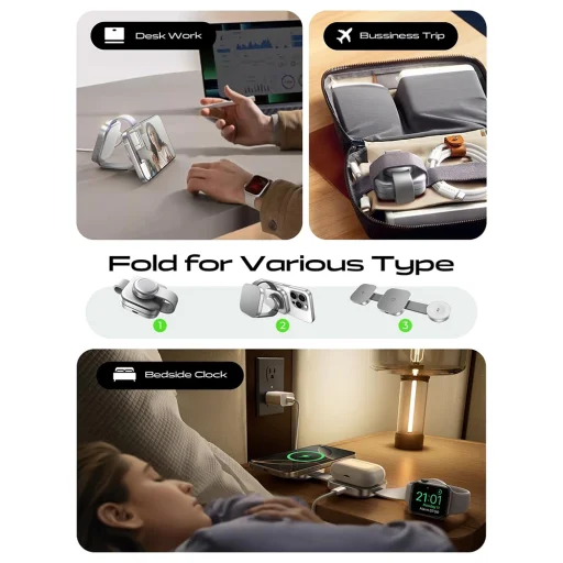 Lisen - Vezeték nélküli töltőállomás 3 az 1-ben (YL0424040001) - Összecsukható, telefonhoz, fülhallgatóhoz, órához, 15W - Szürke - 7