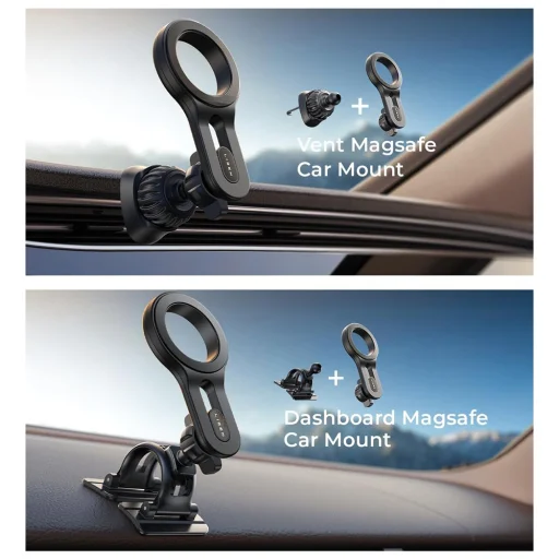 Lisen - Autós tartó (YL0224050011) - Mágneses, szellőző rácsra, műszerfalra, 360°-os forgatás, biztonságos illeszkedés, mágneses fogás - Fekete - 5