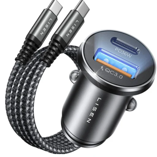 Lisen Autós töltő (YL0223080047) Type-C Armor kábel, USB, Type-C, 12V=24V - Fekete - 1