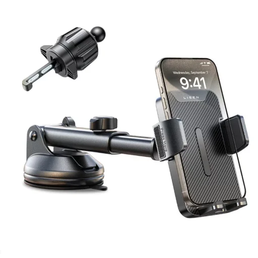 Lisen Autós tartó 2E781 (YL0424040008) - műszerfalra, szellőzőrácsra, szélvédőre, univerzális, állítható, teleszkópos kar - fekete - 1