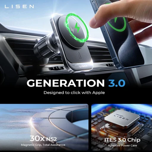 Lisen Autós tartó vezeték nélküli töltéssel (YL0223070009) - MagSafe, szellőzőrácsra, négyzet alakú, egygombos kioldás, 15W - Fekete - 3