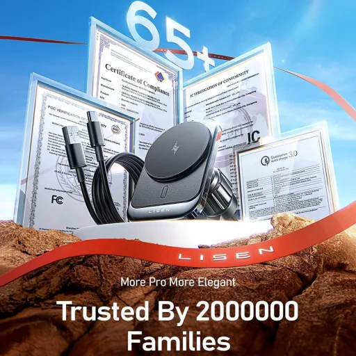 Lisen Autós tartó vezeték nélküli töltéssel (YL0223070009) - MagSafe, szellőzőrácsra, négyzet alakú, egygombos kioldás, 15W - Fekete - 5