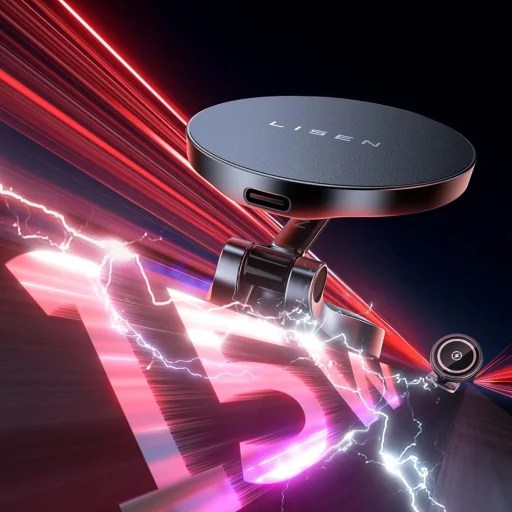 Univerzális Autós tartó Lisen vezeték nélküli töltéssel (YL0223090006) - Mágneses, műszerfalra, elegáns, 15W - Fekete - 5