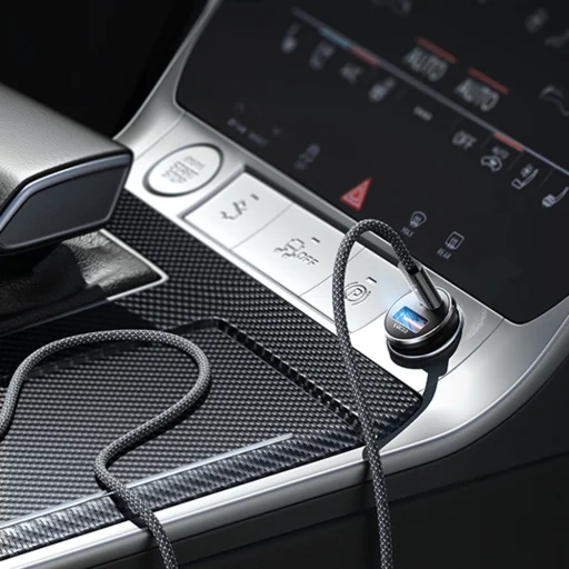 Lisen Autós Töltő (YL0223110003) Type-C Fonott Kábellel, USB, USB-C, PD65W, QC3.0, 12V=24V, Alumínium Ötvözet - Ezüst - 6