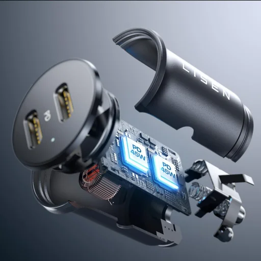 Lisen Autós Töltő (YL0223080007) - Kettős Type-C, 2x 45W, 12V/24V, Alumínium Ötvözet - Fekete - 2