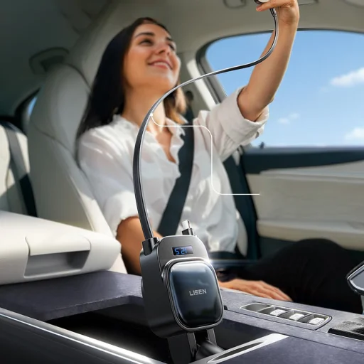 Lisen Autós Töltő (YL0224080017) - 4 az 1-ben, 2x Visszahúzható Kábel, 96W, Alumínium Ötvözet, 12V=24V - Fekete - 4