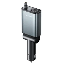 Lisen Autós Töltő (YL0325010016) - 4 az 1-ben, Mini Visszahúzható Kábellel, 57W, Alumínium Ötvözet, 12V/24V - Fekete