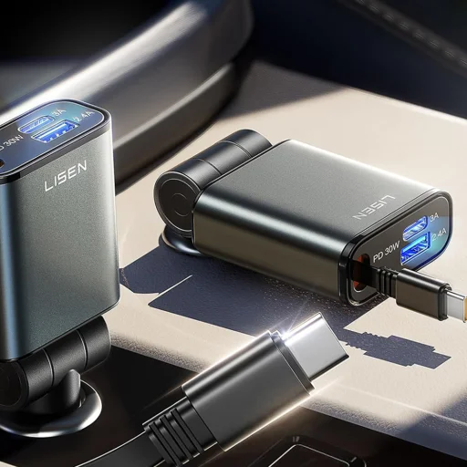 Lisen Autós Töltő (YL0325010016) - 4 az 1-ben, Mini Visszahúzható Kábellel, 57W, Alumínium Ötvözet, 12V/24V - Fekete - 5