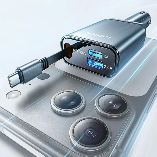 Lisen Autós Töltő (YL0325010016) - 4 az 1-ben, Mini Visszahúzható Kábellel, 57W, Alumínium Ötvözet, 12V/24V - Fekete - 6