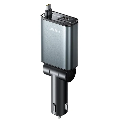 Lisen Autós Töltő (YL0325010016) - 4 az 1-ben, Mini Visszahúzható Kábellel, 57W, Alumínium Ötvözet, 12V/24V - Fekete - 1