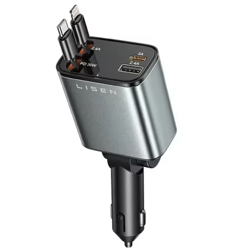 Lisen Autós töltő (YL0224040031) - 4 az 1-ben, USB, Type-C, USB-C és Lightning Visszahúzható Kábel, Alumínium Ötvözet - Fekete - 2