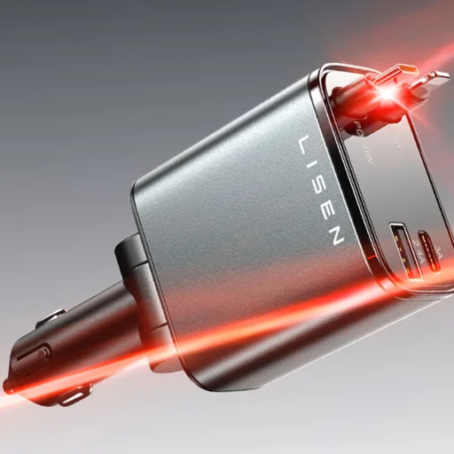 Lisen Autós töltő (YL0224040031) - 4 az 1-ben, USB, Type-C, USB-C és Lightning Visszahúzható Kábel, Alumínium Ötvözet - Fekete - 4