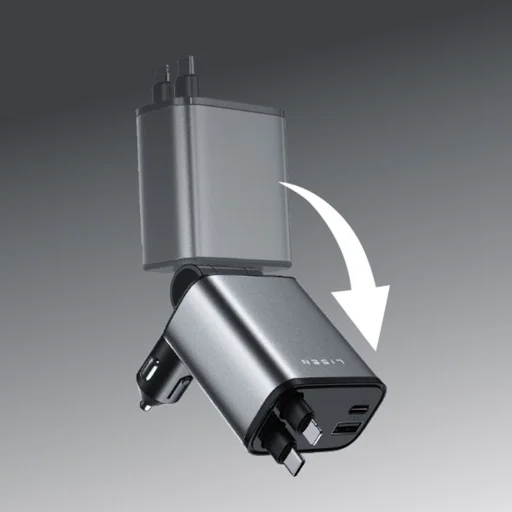 Lisen Autós töltő (YL0224040031) - 4 az 1-ben, USB, Type-C, USB-C és Lightning Visszahúzható Kábel, Alumínium Ötvözet - Fekete - 6