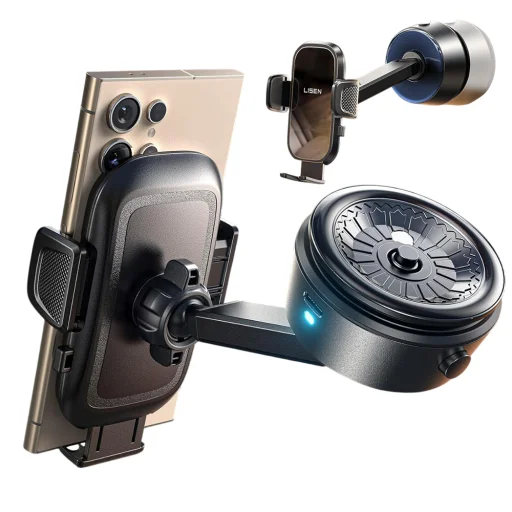 Lisen - Autós tartó A680 (YL0225010007) - műszerfalra, asztalra, elektromos tapadókorong, 360°-os forgás, karos szorítószerkezet, 130mAh - fekete - 2