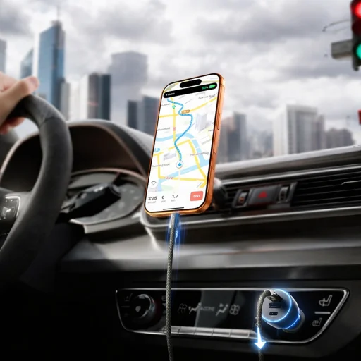 Lisen Autós töltő (YL0224010001) Type-C kábellel, USB-A, Type-C, 170W, GaN, alumínium ötvözet, 12V/24V, 1m - Fekete - 5