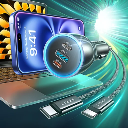 Lisen Autós töltő (YL0224010001) Type-C kábellel, USB-A, Type-C, 170W, GaN, alumínium ötvözet, 12V/24V, 1m - Fekete - 6