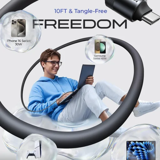 Lisen - Adatkábel L115 (YL0125040001) - Type-C to Type-C, 100W, 480Mbps, Aluminium ötvözet, Szilikon, Fonott, 3m - Szürke - 3