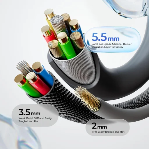 Lisen - Adatkábel L115 (YL0125040001) - Type-C to Type-C, 100W, 480Mbps, Aluminium ötvözet, Szilikon, Fonott, 3m - Szürke - 4