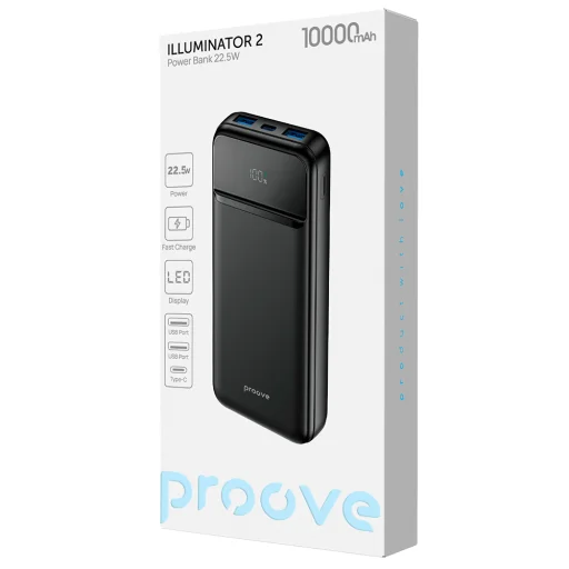 Proove Power Bank Illuminator 2 - Type-C, 2x USB, LED-kijelzővel, 22.5W, 10000mAh - Fekete - 6