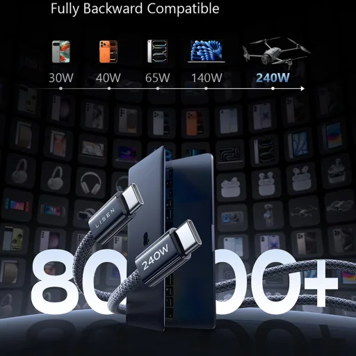 Lisen - Adatkábel (YL0123070023) (2 csomag) - Type-C to Type-C, 240W, Nylonfonott, 2m - Fekete - 4