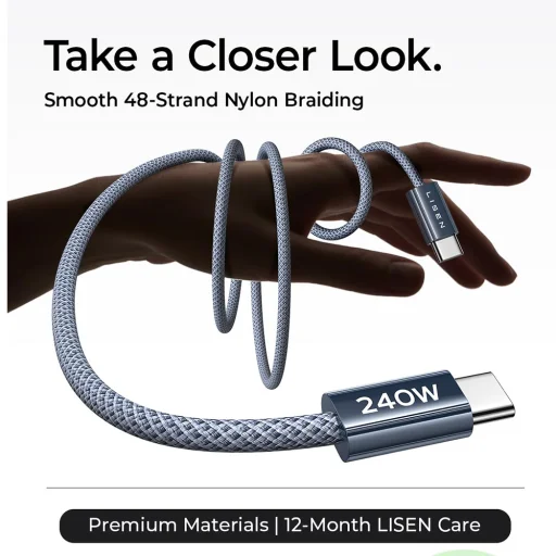 Lisen - Adatkábel (YL0123070023) (2 csomag) - Type-C to Type-C, 240W, Nylonfonott, 2m - Fekete - 6