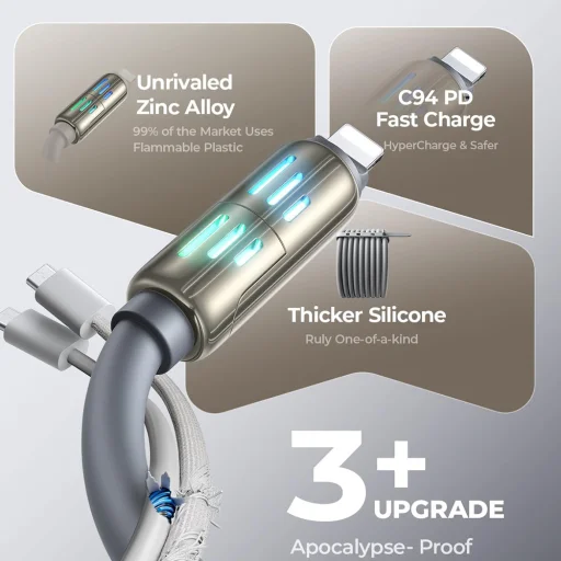 Lisen - Adatkábel (YL0124110002) - 4in1, USB/Type-C to Type-C/Lightning, RGB Világítás, 240W, 480Mbps, 2m - Szürke - 2