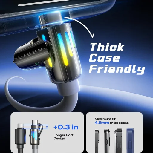 Lisen - Adatkábel (YL0124110002) - 4in1, USB/Type-C to Type-C/Lightning, RGB Világítás, 240W, 480Mbps, 2m - Szürke - 3