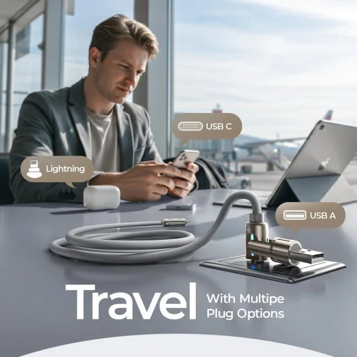 Lisen - Adatkábel (YL0124110002) - 4in1, USB/Type-C to Type-C/Lightning, RGB Világítás, 240W, 480Mbps, 2m - Szürke - 5