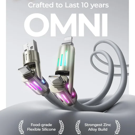 Lisen - Adatkábel (YL0124110002) - 4in1, USB/Type-C to Type-C/Lightning, RGB Világítás, 240W, 480Mbps, 2m - Szürke - 6