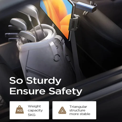 Phone, Tablet up to 12.9" Fekete Lisen Autós tartó (YL0221030002) - Fejtámla rögzítés, Állítható, Biztonságos illeszkedés - 5