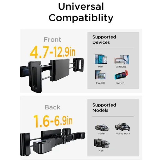 Phone, Tablet up to 12.9" Fekete Lisen Autós tartó (YL0221030002) - Fejtámla rögzítés, Állítható, Biztonságos illeszkedés - 7