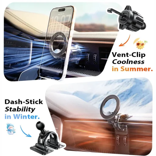 Lisen - Autós tartó (YL0223110033) - MagSafe, műszerfalra és szellőzőrácsra, univerzális, több szögben állítható, biztonságos illeszkedés - Fekete - 2