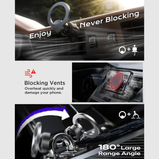 Lisen - Autós tartó (YL0223110033) - MagSafe, műszerfalra és szellőzőrácsra, univerzális, több szögben állítható, biztonságos illeszkedés - Fekete - 6