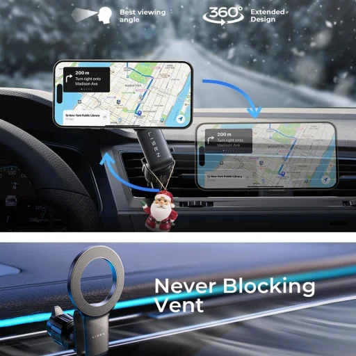 Lisen Autós Tartó (YL0224050012) - Mágneses fogás, légbeömlőre, összecsukható, 360°-ban állítható, biztos illeszkedés - Fekete - 3