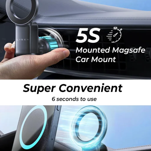 Lisen Autós Tartó (YL0224050012) - Mágneses fogás, légbeömlőre, összecsukható, 360°-ban állítható, biztos illeszkedés - Fekete - 6