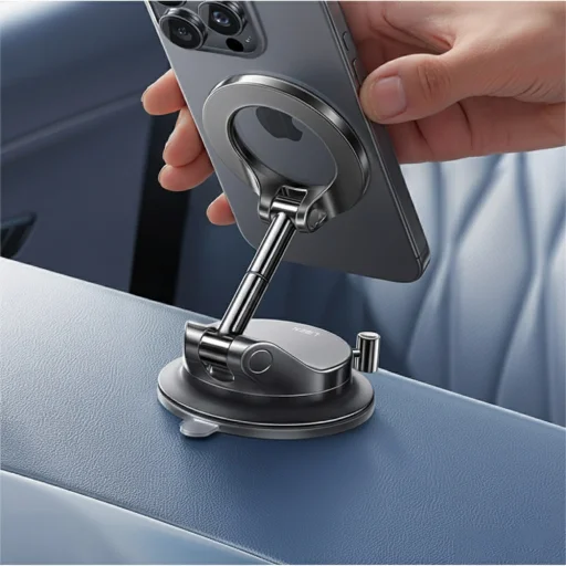 Lisen Autós tartó (A608) - Mágneses markolat, műszerfalhoz, összecsukható, 360°-ban állítható, tapadókorongos, biztonságos rögzítés - Fekete - 4