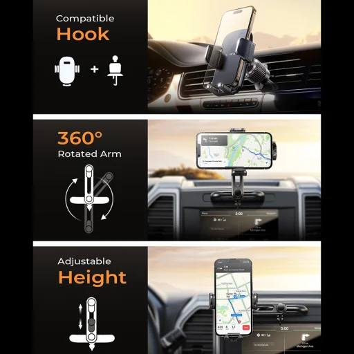 Lisen Autós Tartó (YL0222040016) - Légbefúvóra, CD-nyílásba, 2 az 1-ben, Univerzális, Több irányban állítható, Biztonságos rögzítés - Fekete - 7