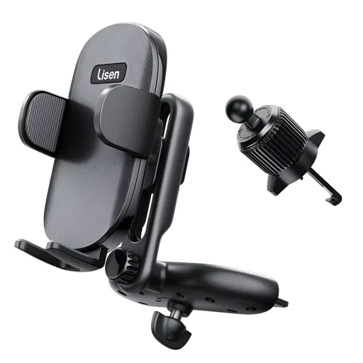 Lisen Autós Tartó (YL0222040016) - Légbefúvóra, CD-nyílásba, 2 az 1-ben, Univerzális, Több irányban állítható, Biztonságos rögzítés - Fekete - 1
