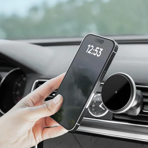 Proove Autós tartó vezeték nélküli töltéssel Magic Circle (WHMC15020006) - légbeömlőre, mágneses, cink ötvözet, 15W - Ezüst - 3