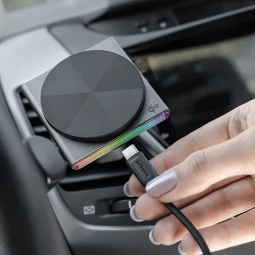 Proove - Autós tartó vezeték nélküli töltéssel Neostorm (WHNS15002003) - légkondicionáló szellőzőhöz, mágneses, Qi2, 15W, RGB, alumínium - szürke - 4