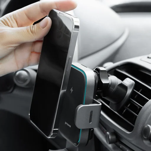 Proove Autós tartó vezeték nélküli töltéssel Triple Clamp Pro (WHTP15010004) - 2 az 1-ben tartó, Automatikus, LED, Qi2 15W - Fém Szürke - 4