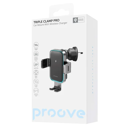 Proove Autós tartó vezeték nélküli töltéssel Triple Clamp Pro (WHTP15010004) - 2 az 1-ben tartó, Automatikus, LED, Qi2 15W - Fém Szürke - 7